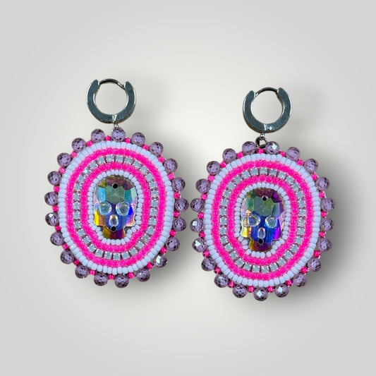 Native American Hand Made Beaded Skull Dangle Earrings - Iridescent Skull & Pink Cubic Zirconia -Silver Huggie earring