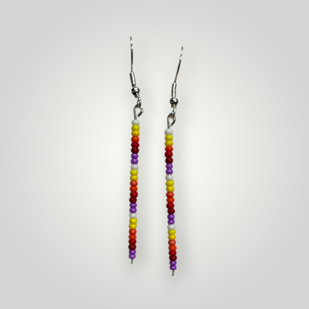 Native American Hand Made Dangle Bead Earrings on silver ear wire-  light purple and fire