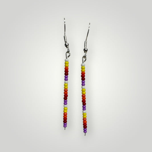 Native American Hand Made Dangle Bead Earrings on silver ear wire-  light purple and fire