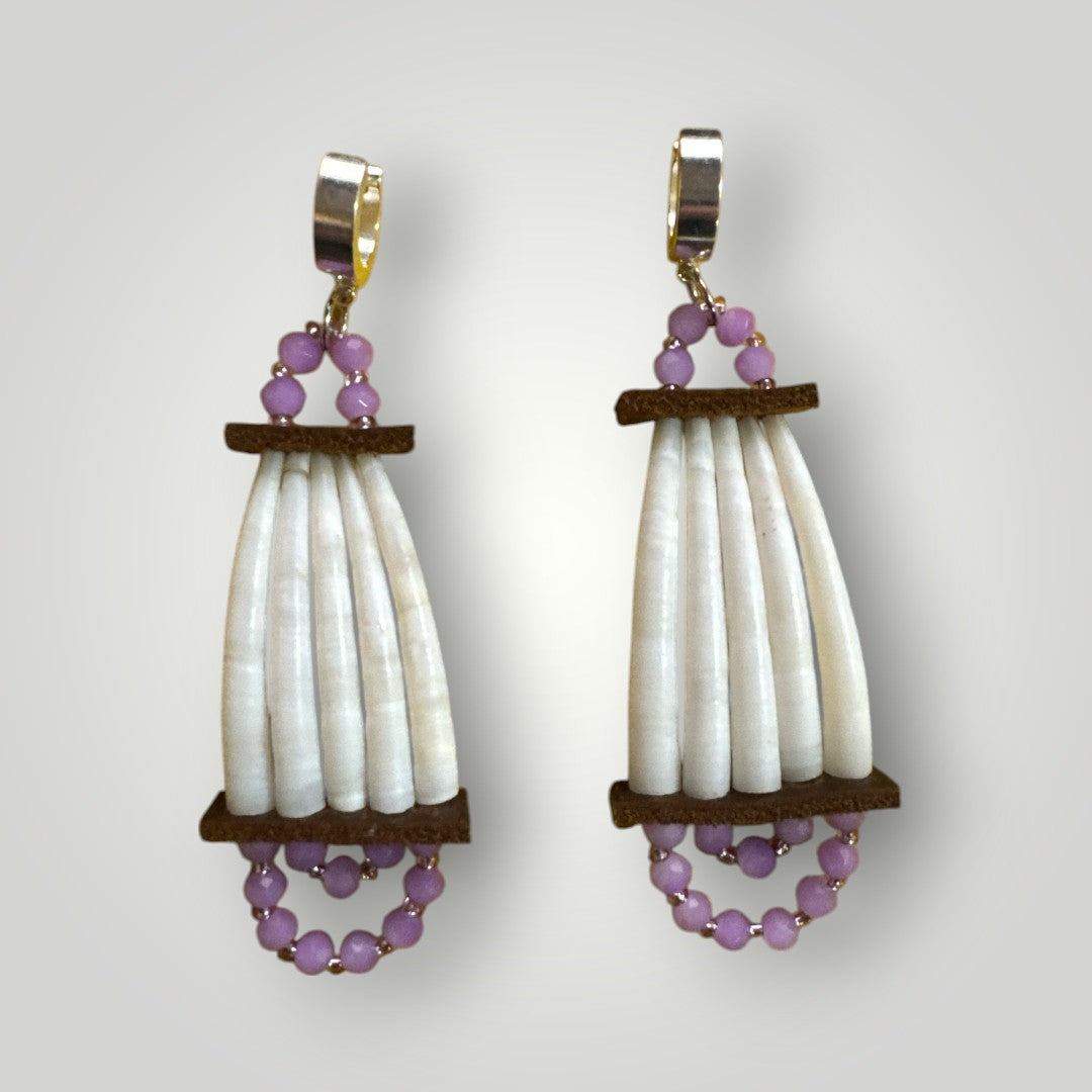 Native American Hand Made Dentalium and Light Purple Earrings