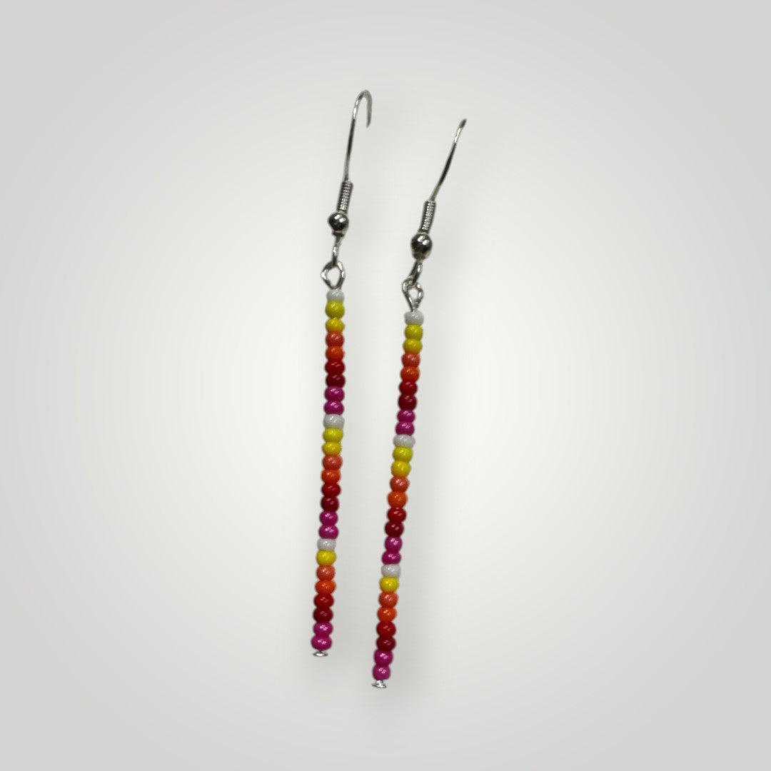Native American Hand Made Dangle Bead Earrings on silver ear wire- pink and fire