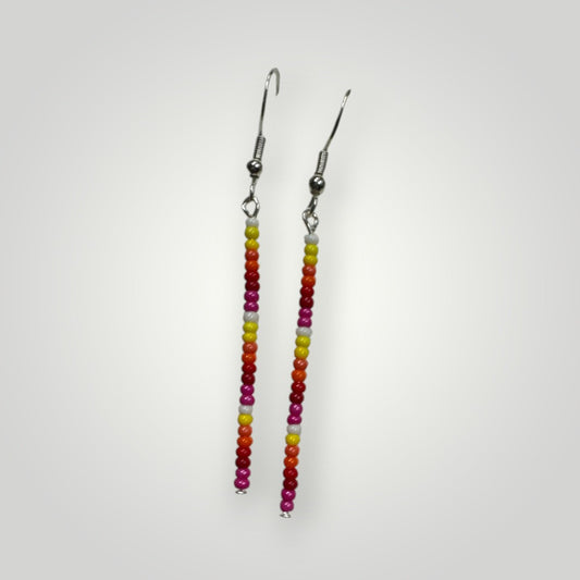 Native American Hand Made Dangle Bead Earrings on silver ear wire- pink and fire
