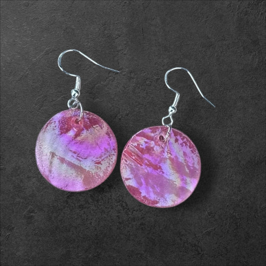 Native American Hand Made Coral Iridescent Shell Earrings - Silver Ear Wire
