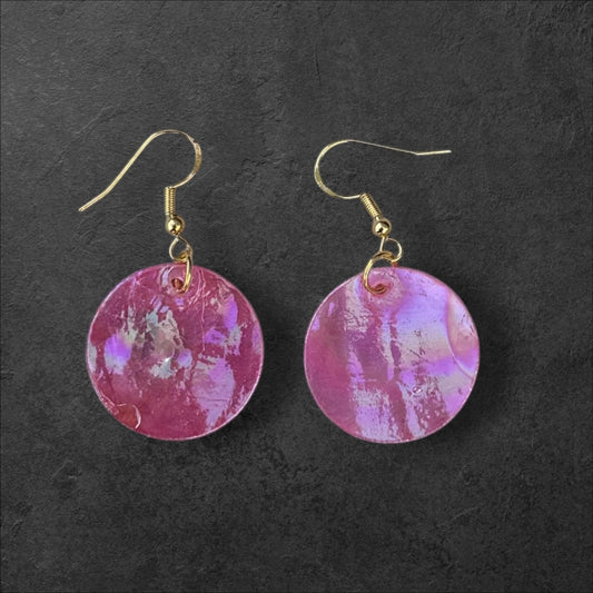 Native American Hand Made Pink Iridescent Shell Earrings - Gold Ear Wire
